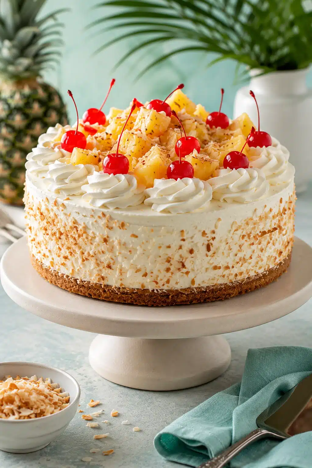 Piña Colada cheesecake topped with whipped cream, cherries, and pineapple on a cake stand