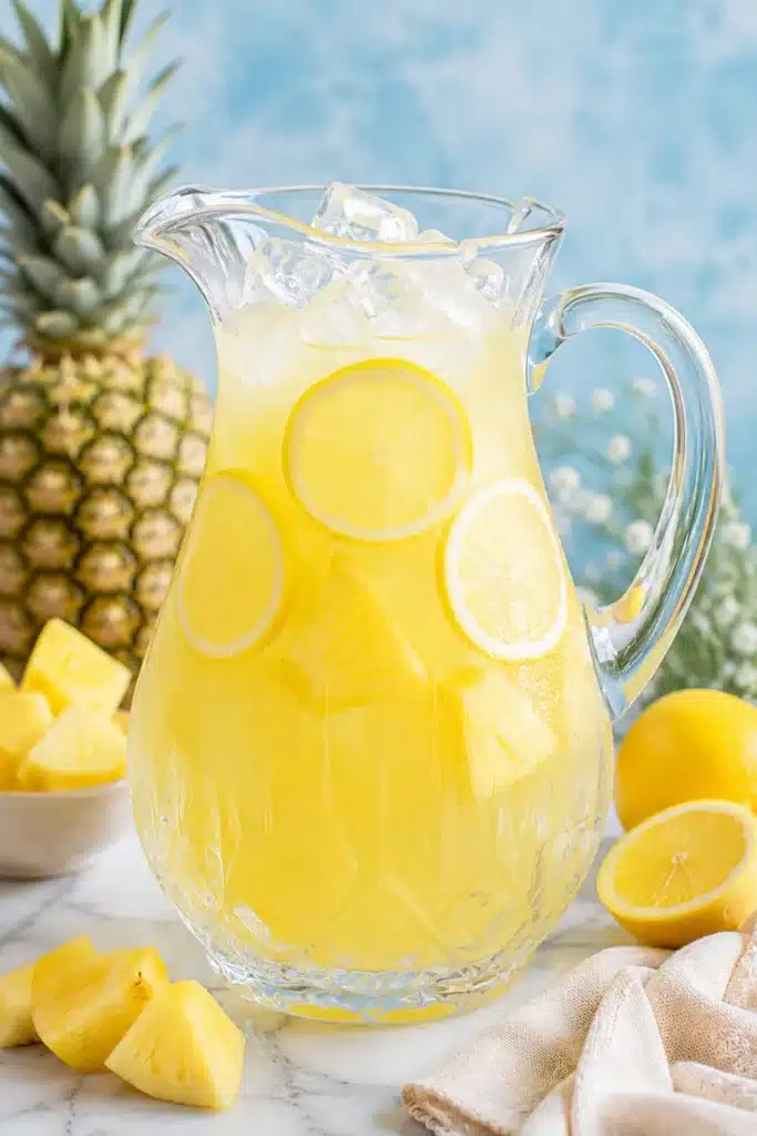 Pineapple Lemonade in a glass pitcher with lemon slices and ice.