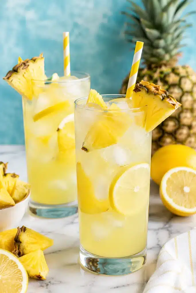 Pineapple lemonade in tall glasses with ice, lemon slices, and fresh pineapple garnish.