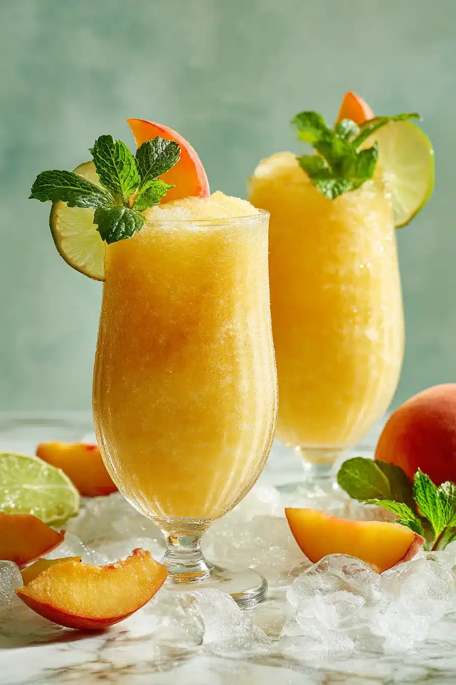 Pineapple Peach Agua Fresca served over crushed ice with mint, lime slices, and fresh peach garnish.