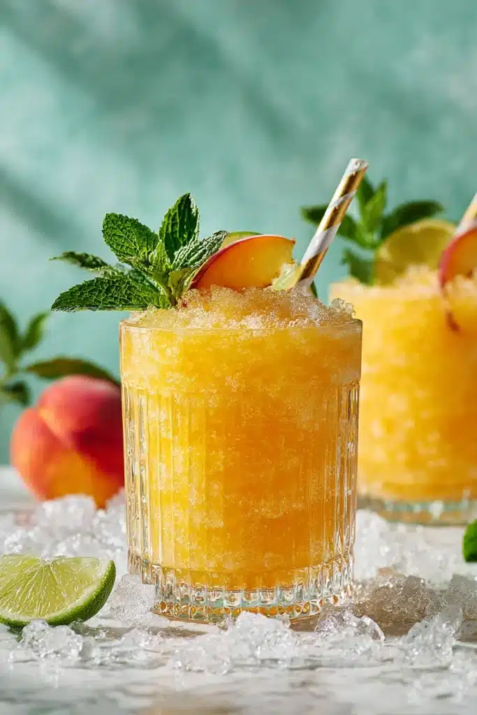 Pineapple Peach Agua Fresca with mint, lime, and crushed ice in a frosty glass