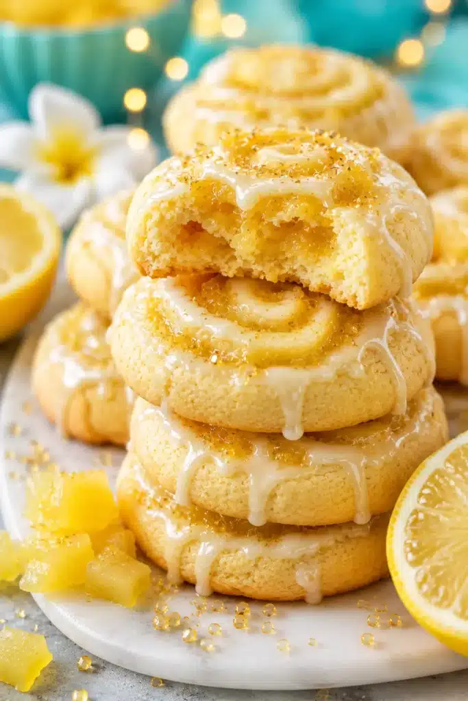 Pineapple Pinwheel Cookies stacked with pineapple glaze and creamy pineapple filling