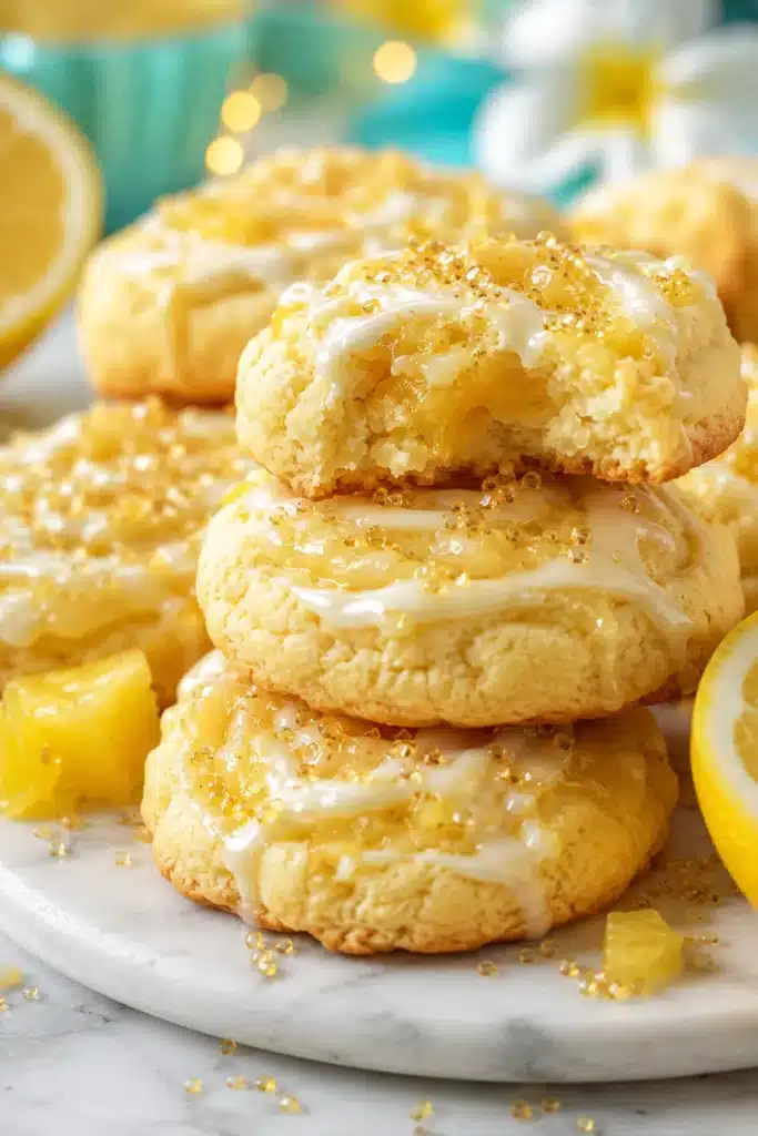Pineapple pinwheel cookies stacked with pineapple glaze and tropical cream cheese filling