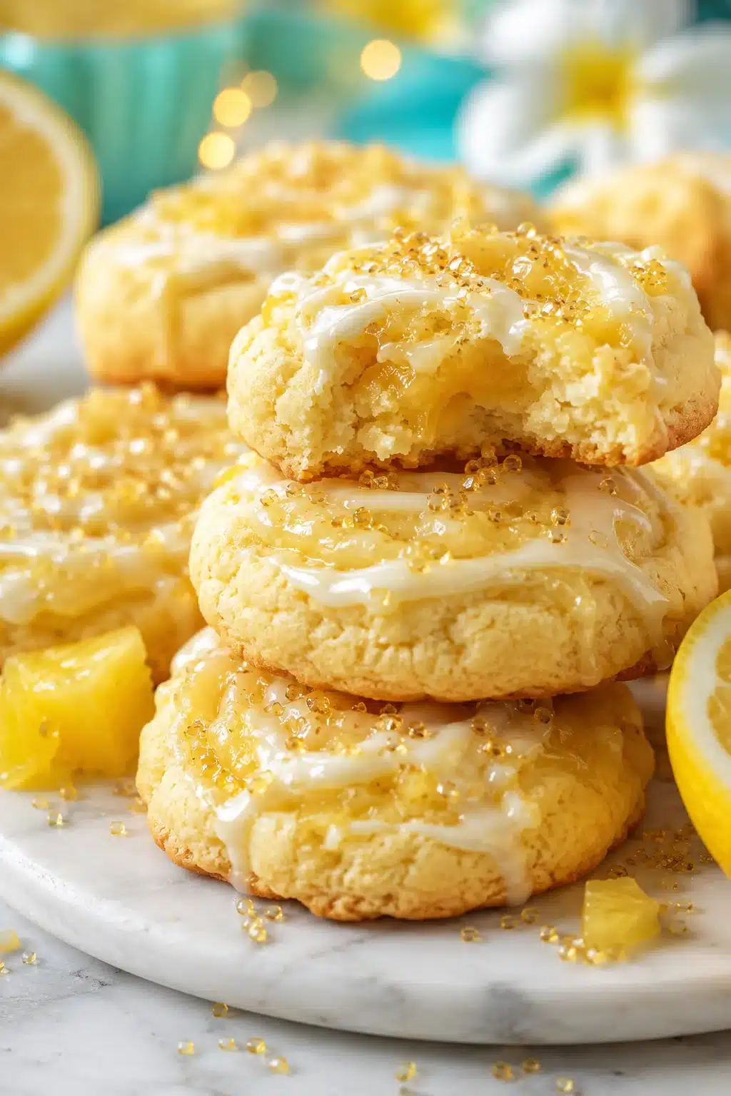 Pineapple pinwheel cookies stacked with pineapple glaze and tropical cream cheese filling