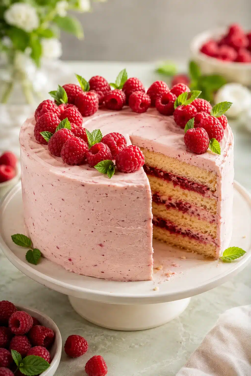 Raspberry vanilla cake with pink buttercream topped with fresh raspberries and mint leaves.