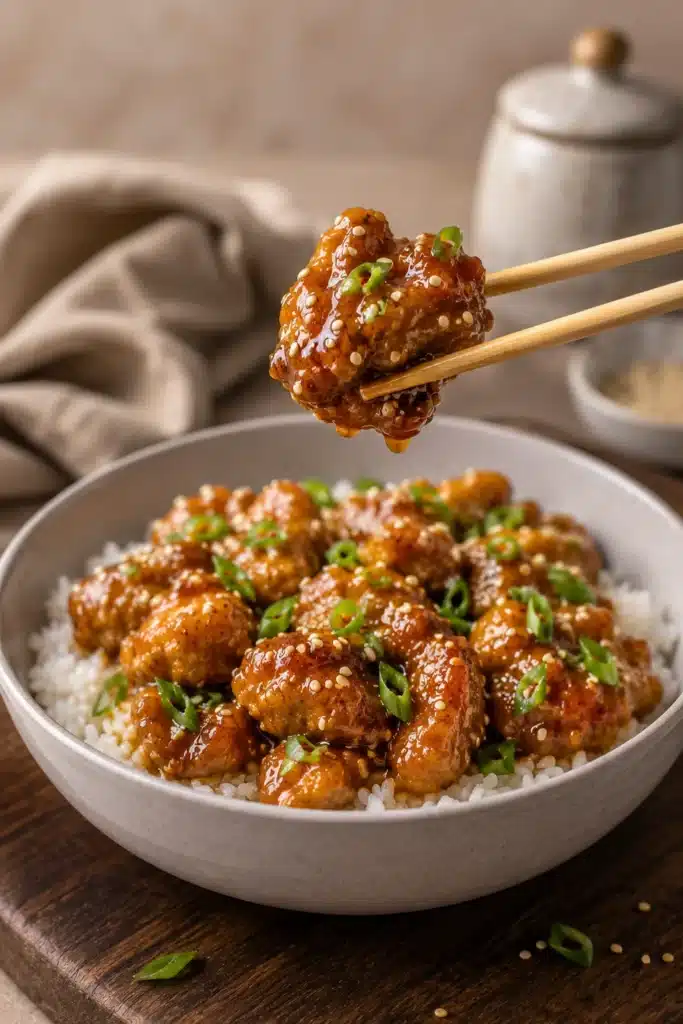 Sesame Chicken 3 Sesame Chicken served over fluffy rice with chopsticks lifting a glazed chicken piece