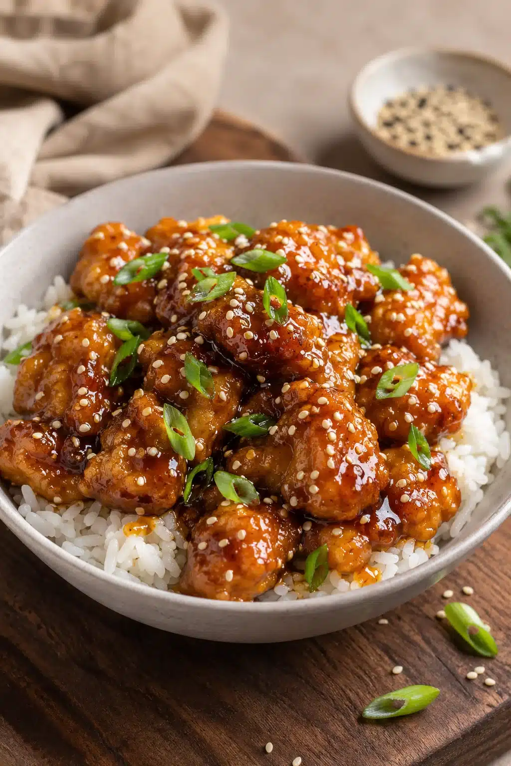 Homemade sesame chicken with rice, sesame seeds, and green onions in a ceramic bowl.