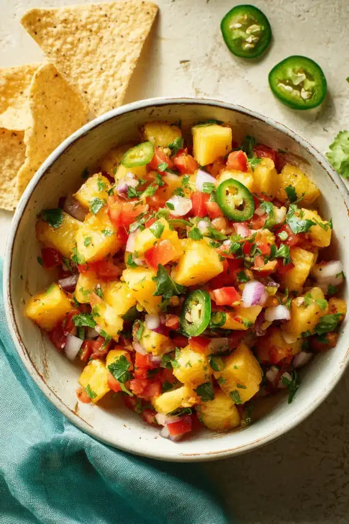 Spicy Pineapple Salsa Recipe with fresh pineapple, tomatoes, onions, and jalapeños
