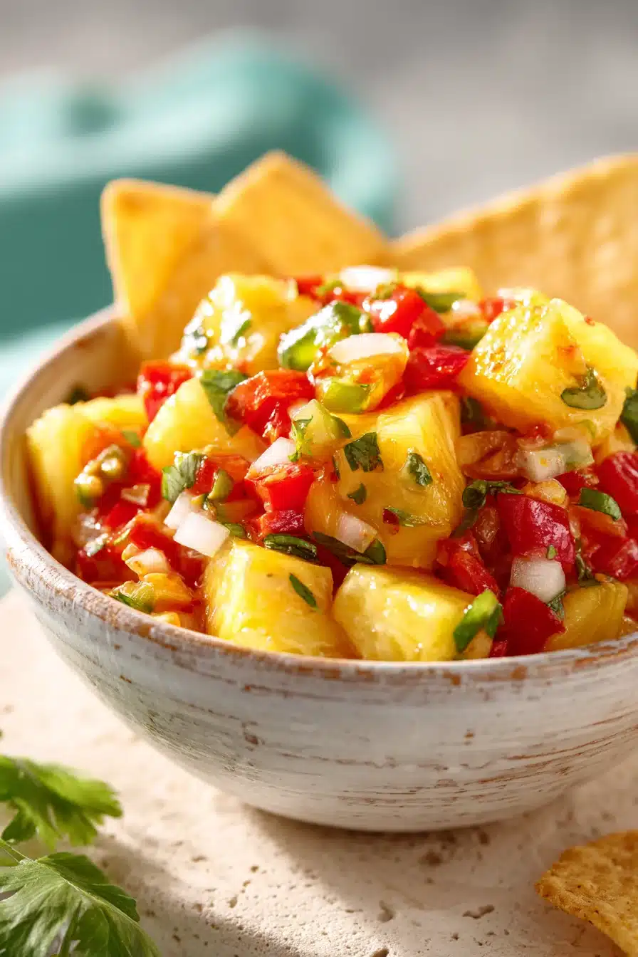 Fresh spicy pineapple salsa with tomatoes, jalapeños, onions, and cilantro served with tortilla chips.