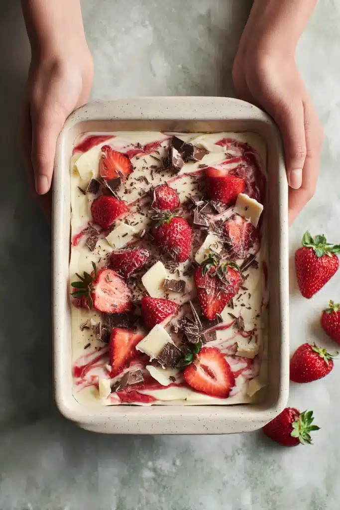 Strawberry Cheesecake Yogurt Bark topped with fresh strawberries and chocolate before freezing