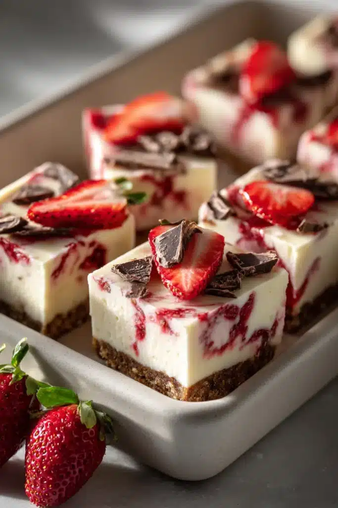Strawberry cheesecake yogurt bark topped with fresh strawberries and chocolate chunks in a baking dish