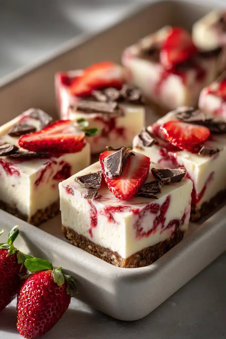 Strawberry cheesecake yogurt bark topped with fresh strawberries and chocolate chunks in a baking dish