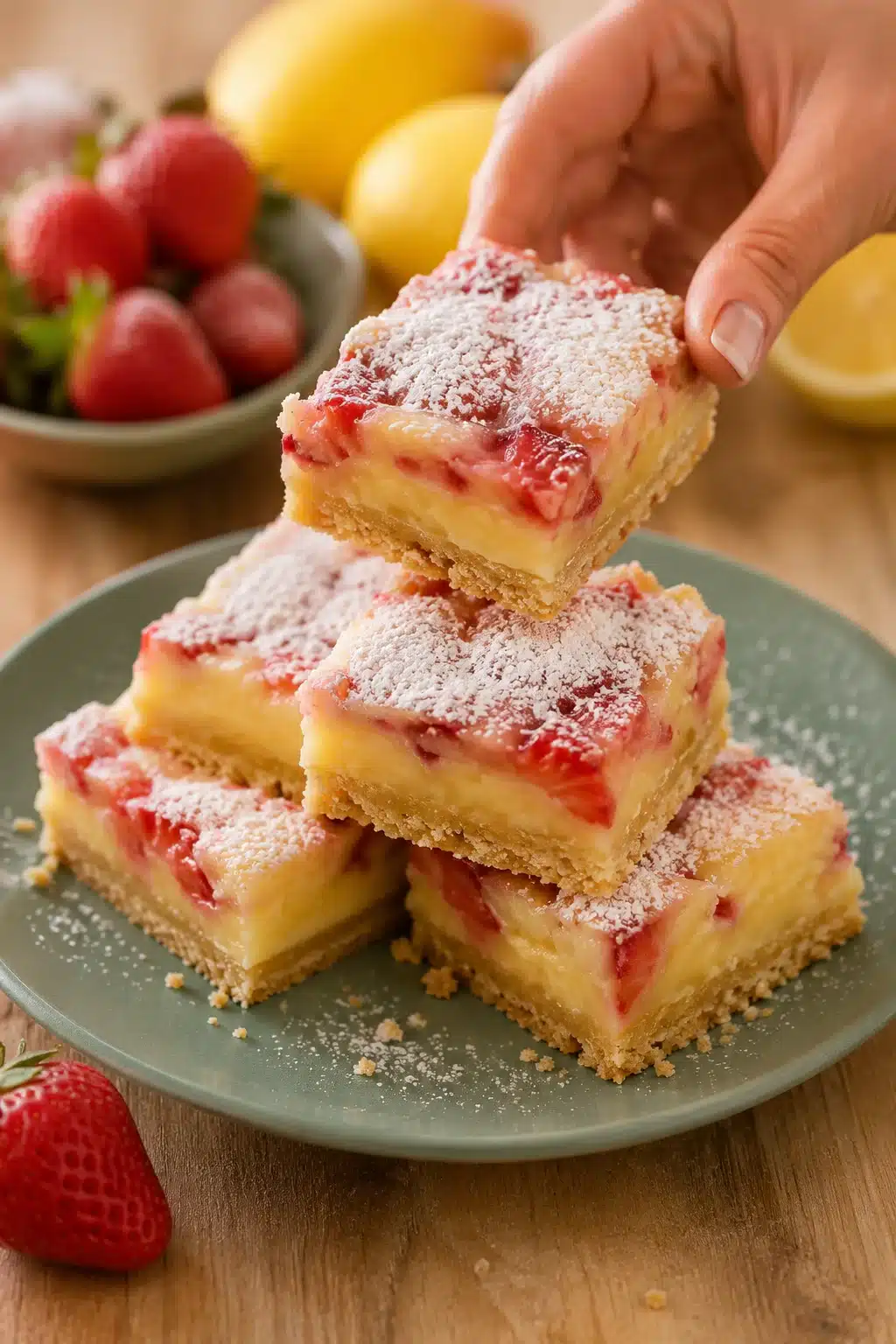Strawberry Lemon Bars stacked on a plate with powdered sugar and fresh strawberry swirls.