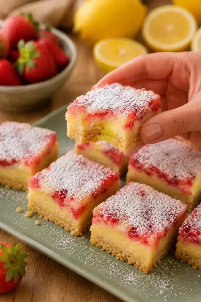 Strawberry Lemon Bars 3 Bitten Strawberry Lemon Bars showing creamy lemon filling and buttery crust