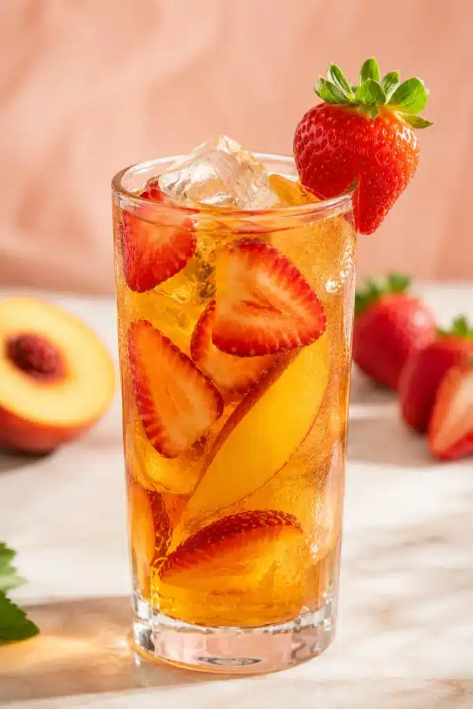 Strawberry Peach Iced Tea with fresh fruit slices and ice in a tall glass