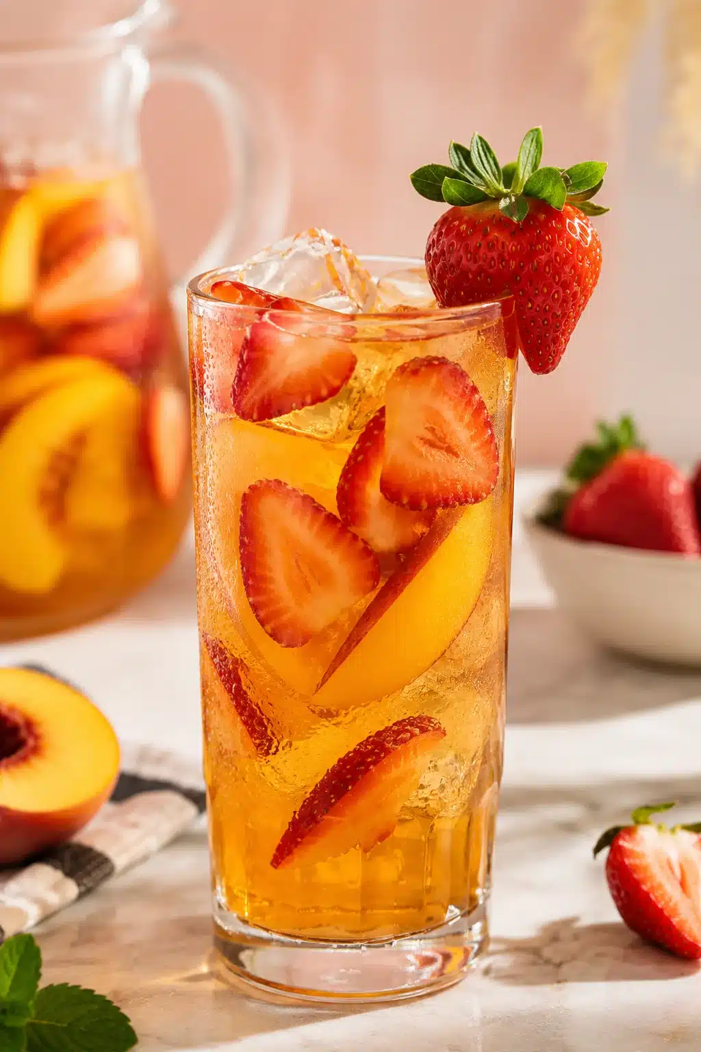 Strawberry peach iced tea with fresh fruit slices and ice in a tall glass.