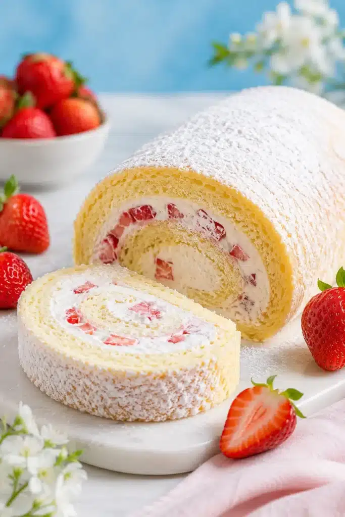 Strawberry Shortcake Cake Roll slice with whipped cream and fresh strawberries