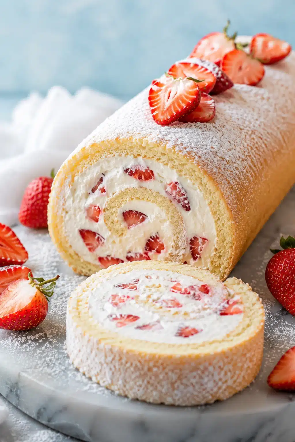 Strawberry Shortcake Cake Roll with whipped cream filling and fresh strawberries