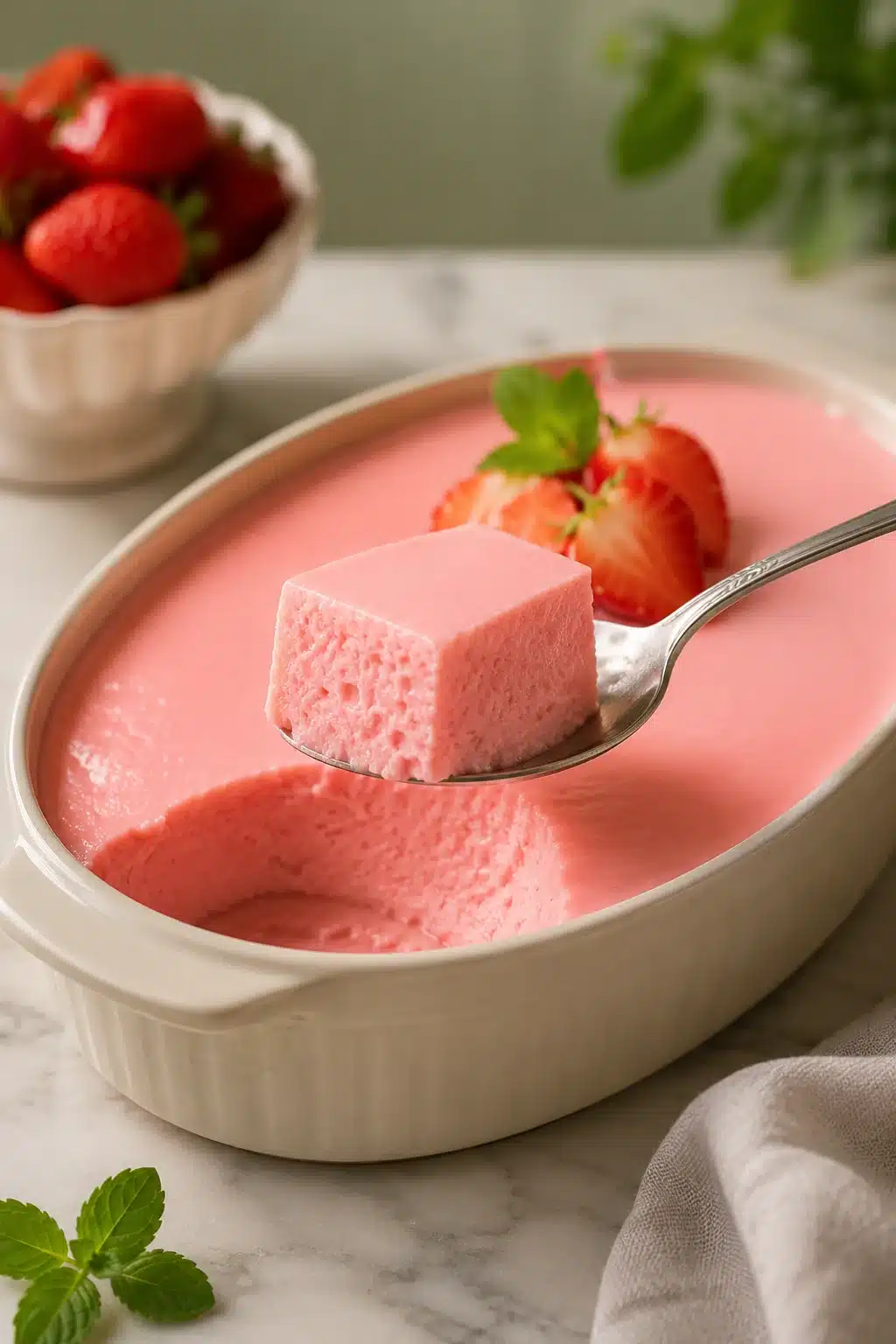 Strawberry cream jelly dessert in a dish with a creamy pink cube on a spoon