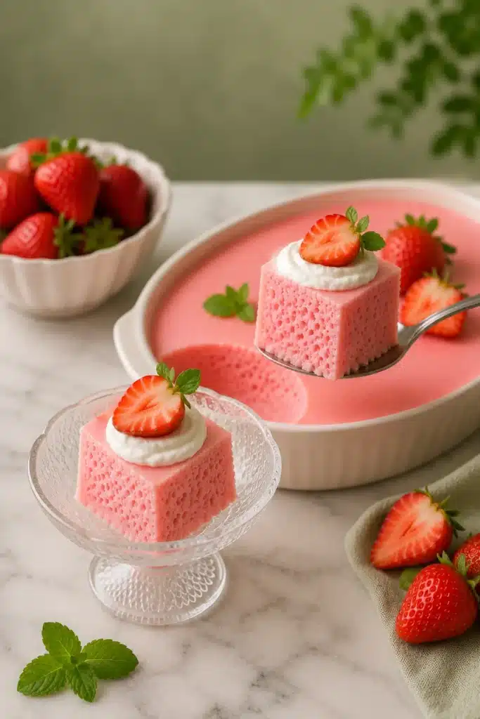 Strawberry cream jelly dessert topped with whipped cream and fresh strawberries