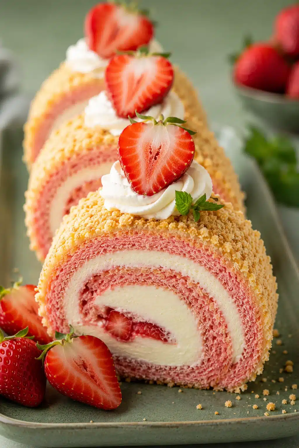 Sweet Strawberry Shortcake Cheesecake Rolls with creamy cheesecake filling and fresh strawberry topping
