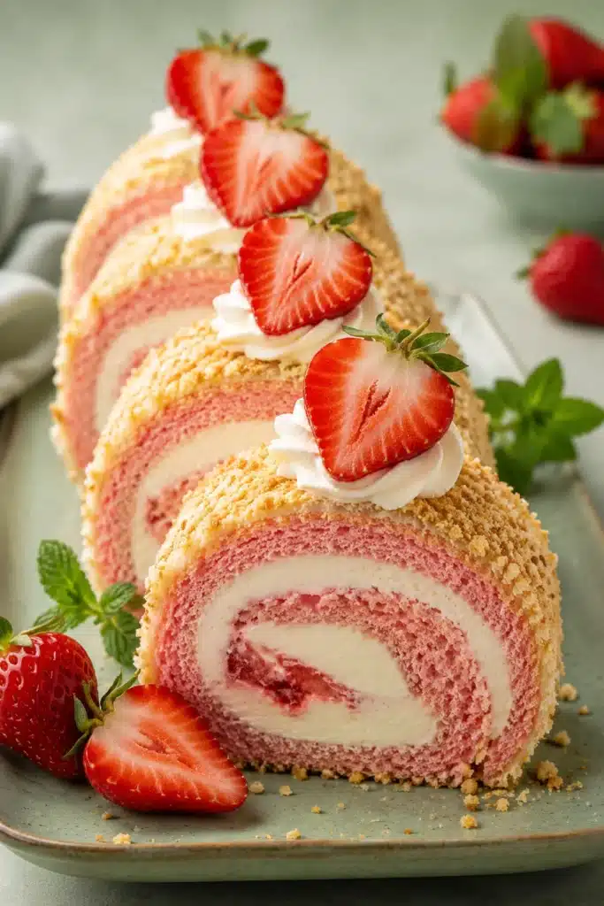 Sweet Strawberry Shortcake Cheesecake Rolls with creamy cheesecake filling and fresh strawberries