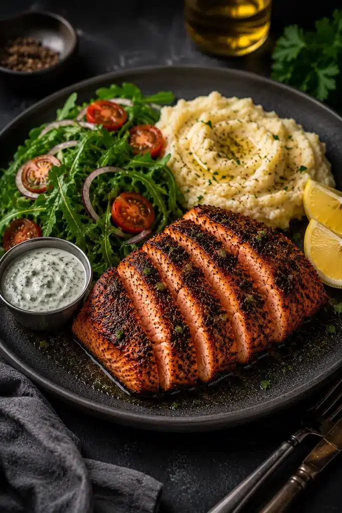 Texas Roadhouse Salmon Recipe with sliced blackened salmon, mashed potatoes, and fresh salad