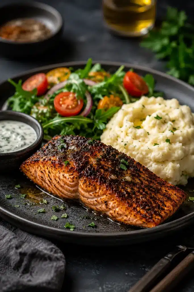 Texas Roadhouse salmon recipe with blackened salmon, mashed potatoes, salad, and garlic butter sauce