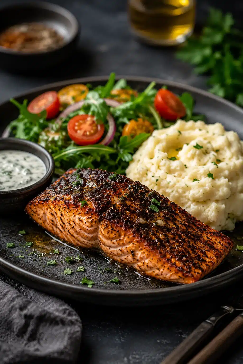 Texas Roadhouse salmon recipe with blackened salmon, mashed potatoes, salad, and garlic butter sauce