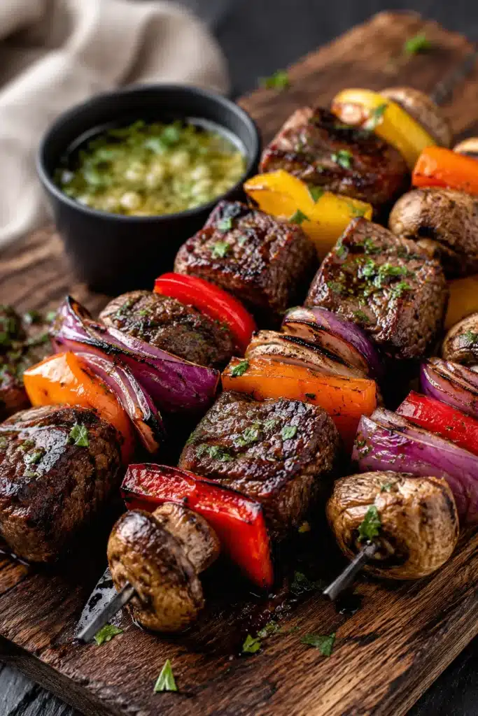The BEST Steak Kabobs with grilled steak, peppers, onions, and mushrooms