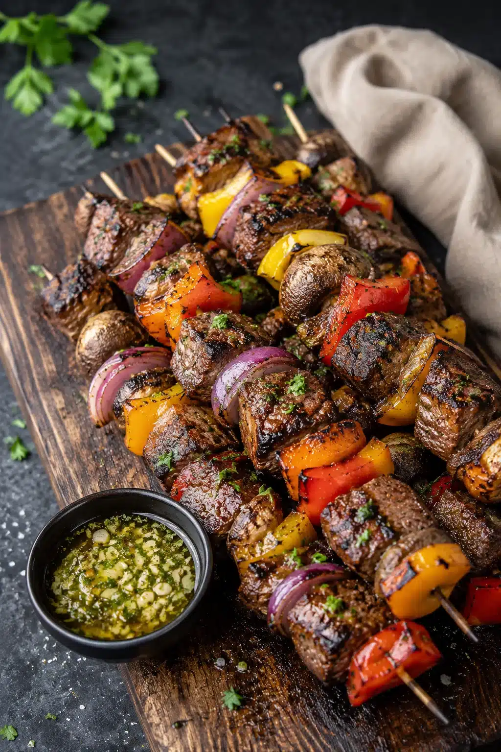 Grilled steak kabobs with peppers, mushrooms, and onions served on a rustic board.