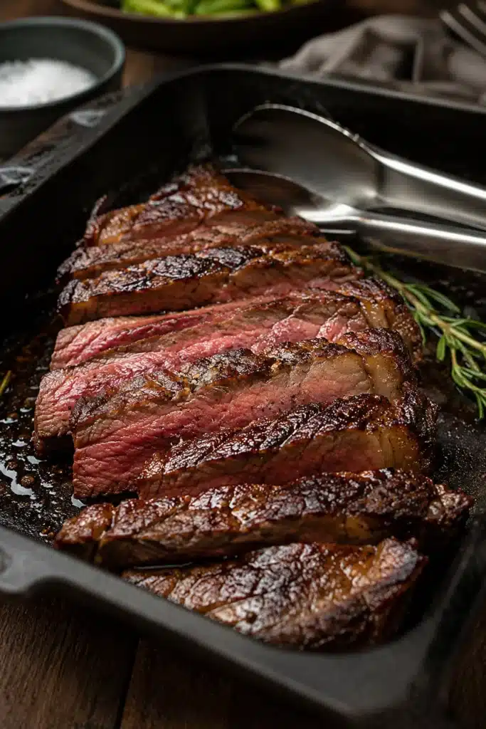 Medium rare steak slices with homemade steak seasoning and a flavorful crust
