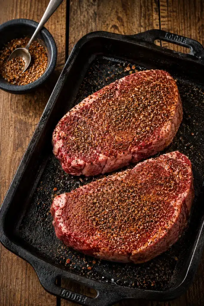 The Best Steak Seasoning generously coated on raw beef steaks before cooking