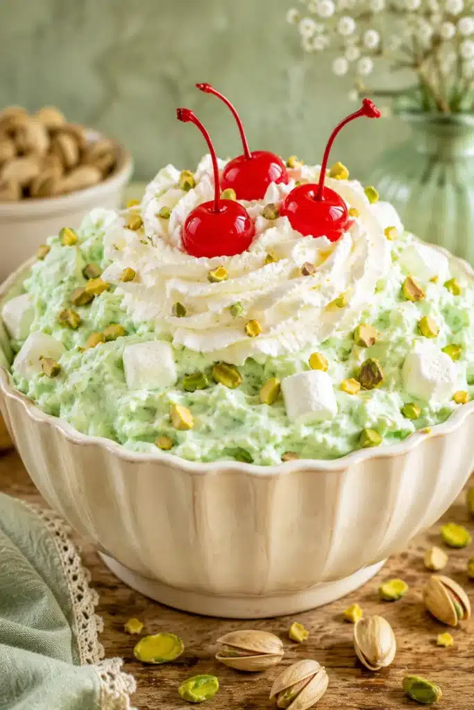 The Best Watergate Salad topped with whipped cream and cherries