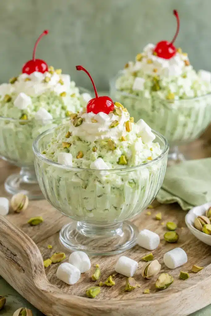 Watergate Salad served in glass dessert cup with whipped cream and cherry topping