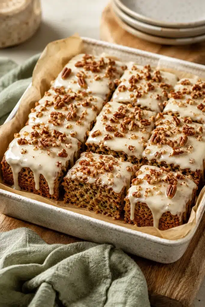 Zucchini spice cake bars topped with cream cheese icing and toasted walnuts
