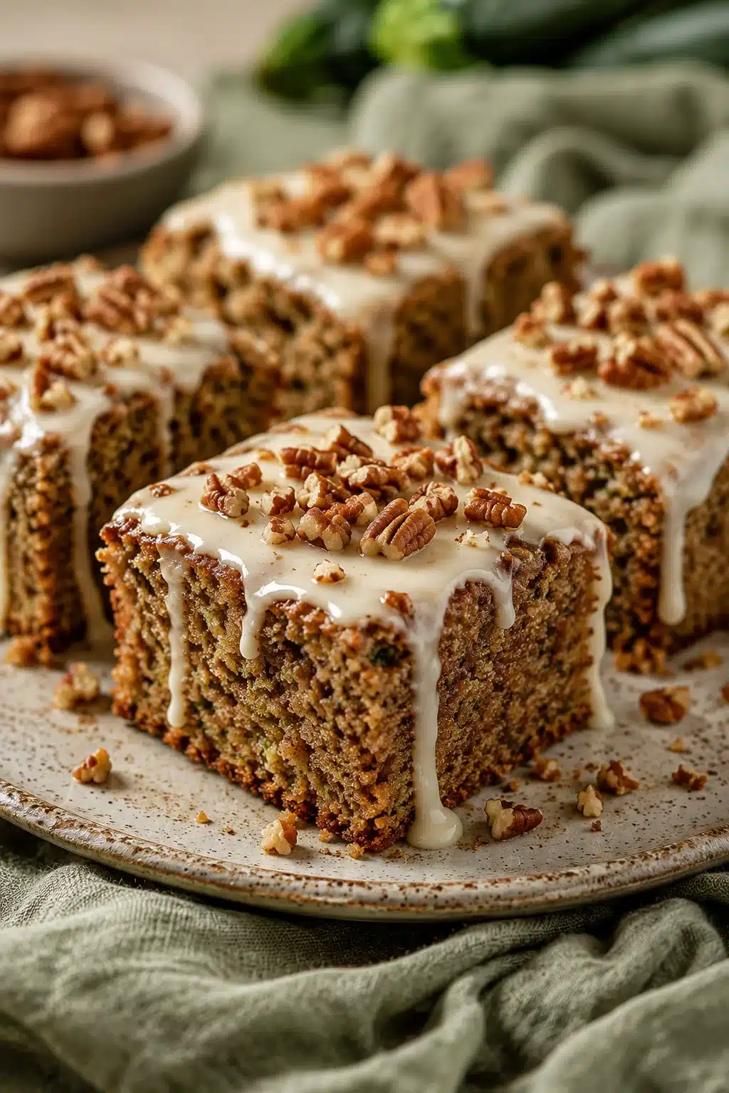 Moist zucchini spice cake with cream cheese icing and toasted nuts on a rustic serving platter