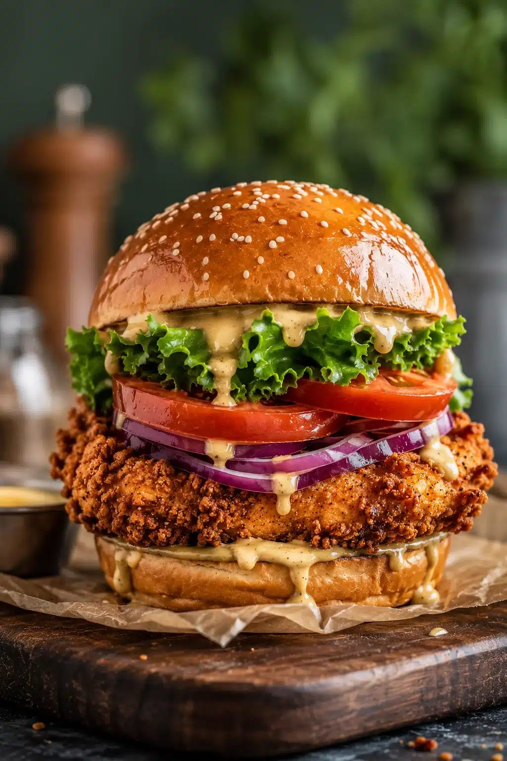 Crispy chicken sandwich with lettuce, tomato, red onion, and honey mustard sauce on a sesame bun