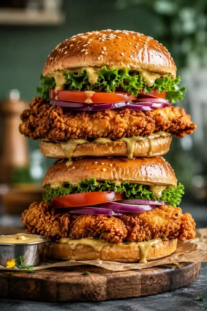 Double crispy chicken sandwiches with lettuce, tomato, onion, and sesame seed buns