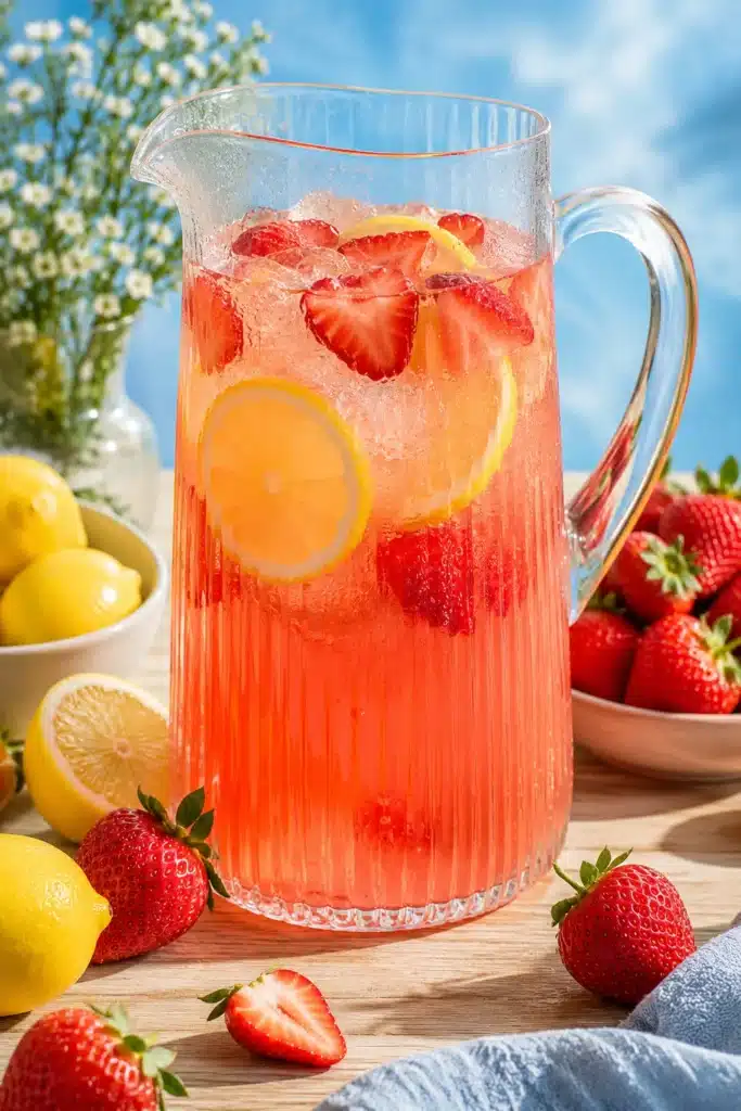 Homemade Strawberry Lemonade in a glass pitcher with fresh lemons and strawberries
