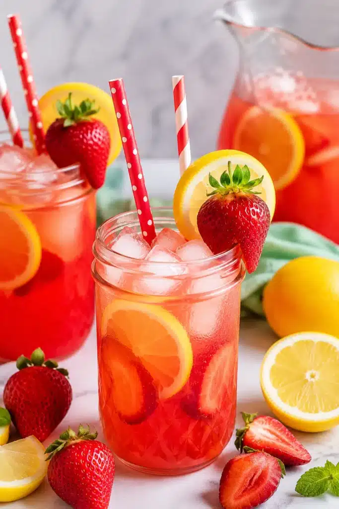 Fresh homemade strawberry lemonade with lemon slices, strawberries, ice, and glass tumblers on a summer table