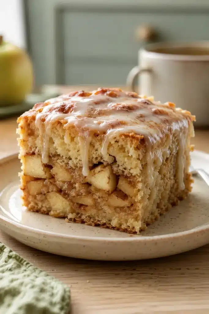 Homemade Apple Coffee Cake with cinnamon apples and vanilla glaze on a ceramic plate.