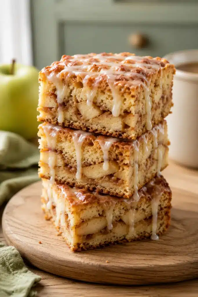 Apple Coffee Cake 3 Stacked Apple Coffee Cake slices with cinnamon apples and vanilla glaze.
