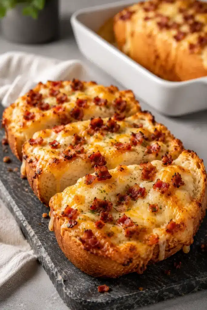 Bacon Ranch Cheesy Bread 3 Bacon Ranch Cheesy Bread with melted cheese and crispy bacon served on a rustic board.