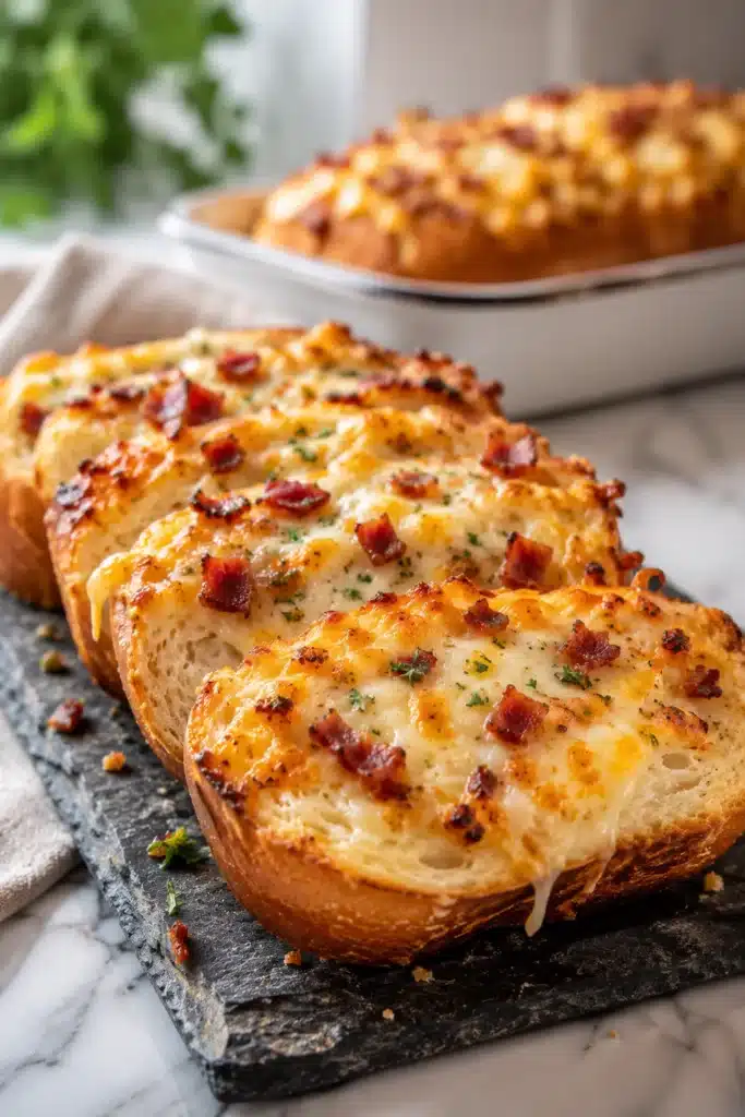 Bacon Ranch Cheesy Bread sliced on a slate board with melted cheese and crispy bacon.