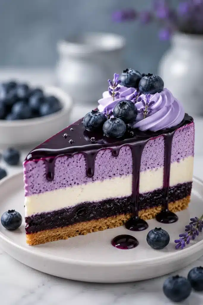 Blueberry Mousse Heaven Cheesecake slice with creamy cheesecake, blueberry mousse, and glossy berry glaze.