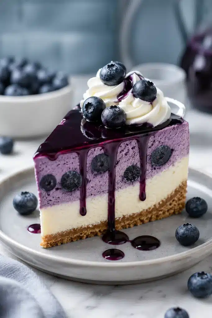 Blueberry Mousse Heaven Cheesecake slice with creamy layers, blueberry glaze, whipped cream, and fresh blueberries