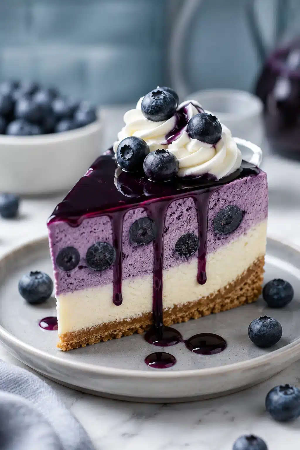 Blueberry Mousse Heaven Cheesecake slice with creamy layers, blueberry glaze, whipped cream, and fresh blueberries