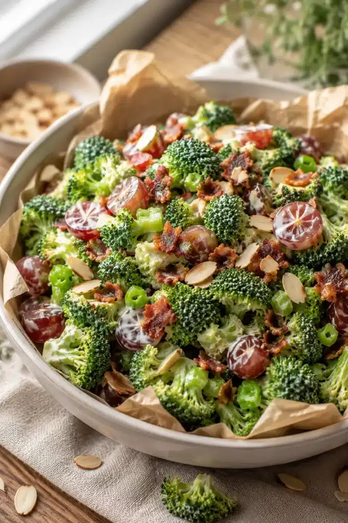 Fresh Broccoli Salad with Bacon, grapes, celery, and almonds in a rustic serving bowl.