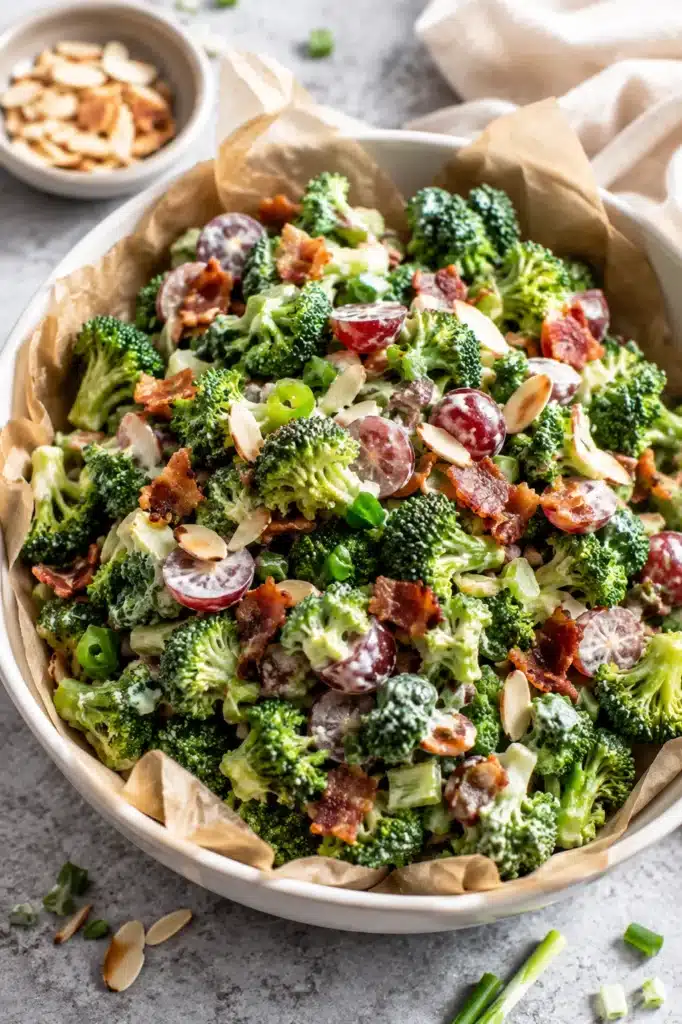 Fresh Broccoli Salad with Bacon, grapes, almonds, and creamy dressing in a rustic serving bowl.